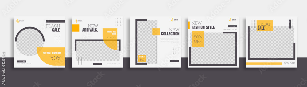 Wall mural set of editable minimal square banner template. black yellow white background color with geometric s