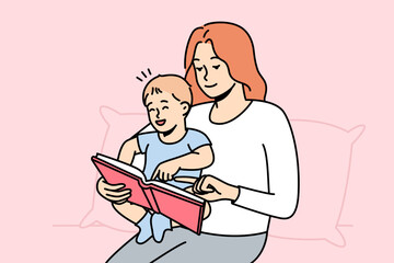 Happy caring young mother with little baby infant reading book together. Smiling loving mom play with small child at home. Motherhood concept. Vector illustration. 