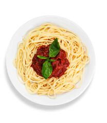 plate with spaghetti, sauce and basil on white background
