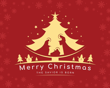 Merry Christmas, the savior is born - mary and joseph in a manger with baby Jesus in gold christmas tree sign and star around on snow texture and red background vector design