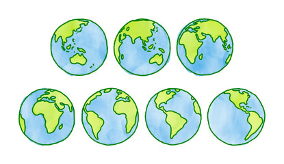 set of green earth globes; doodle illustration by watercolor and crayon