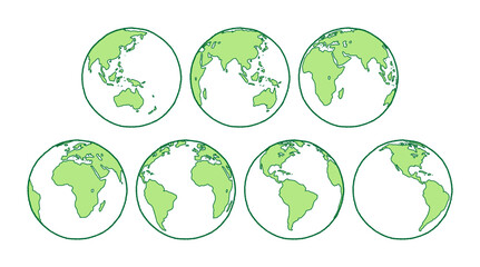 set of green earth globes; hand drawn illustration by crayon