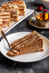 Almond cake. Piece of Cake on a Plate. Sweet food. Sweet dessert. Food background.