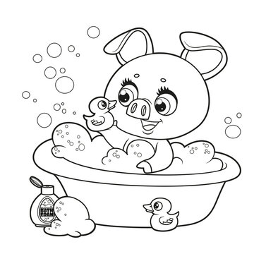 Cute cartoon piglet  bathes in a bath with foam and ducks outlined for coloring page on a white background