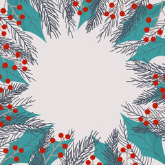 Fototapeta na wymiar Christmas border from pine branches, berries and leaves