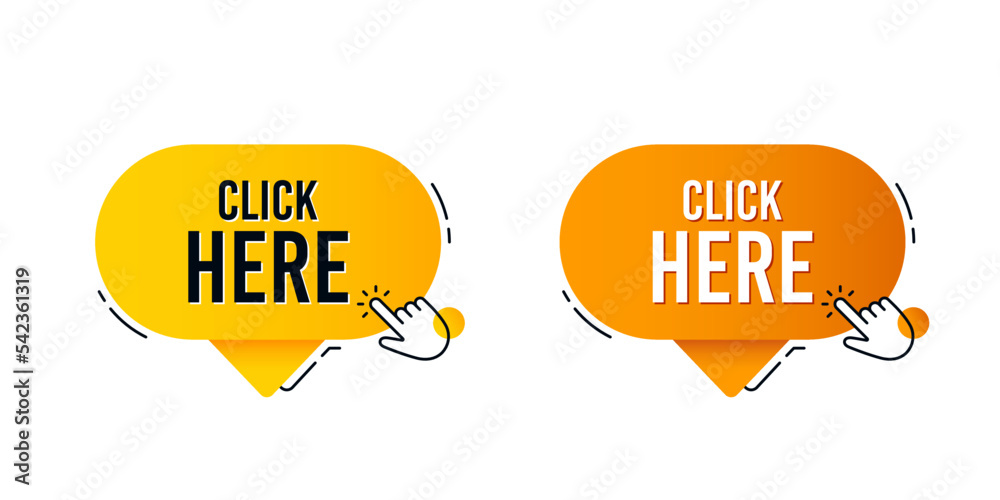 Poster click here speech bubble with hand clicking icon. press internet web button. click here chat bubble 