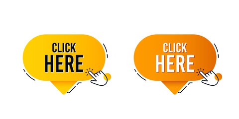 Click here speech bubble with hand clicking icon. Press internet web button. Click here chat bubble with hand cursor. Website promotion tag banner. Clicking offer button. Vector