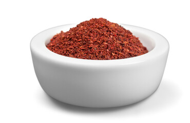 Collection of different spices with names in white pans, isolated