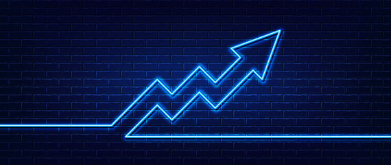 Naklejka premium High inflation up arrow. Neon light brick pattern wall background. Increase profit, growth arrow and inflation graph neon banner. Stone brickwall texture. Vector
