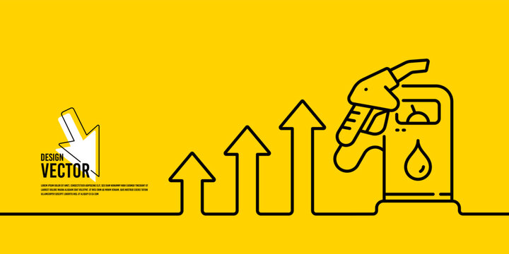 Gasoline pump nozzle banner. Fuel pump petrol station icon. Price increase, inflation chart. Petrol refuel station yellow background. Expensive diesel fuel. Continuous line banner. Vector