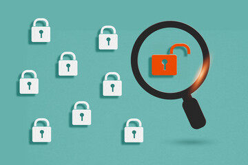 paper cut of magnifying glass with opened red padlock icon inside and other white locked on grunge green background