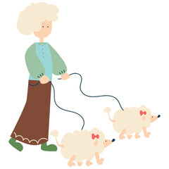 Old woman walking dog vector illustration in flat color design