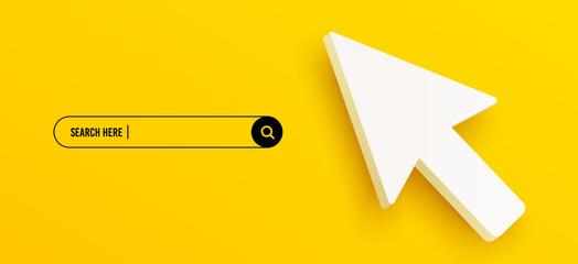 3d arrow cursor and search bar template for website. Navigation search for web browser. 3d mouse cursor icon. Ask question template banner. Support FAQ information design. Vector