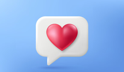 3d love like icon. Notification chat bubble with heart isolated on blue background. Favorite message, best feedback and 3d follow chat box. Love heart bubble. Social media comment. Vector