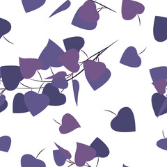 Seamless vector pattern of branches and leaves of lilac-violet colors on a white background.