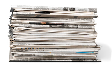 Pile of printed newspapers on white background - obrazy, fototapety, plakaty