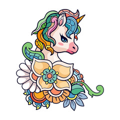 Colorful cute Unicorn cartoon mandala arts isolated on white background