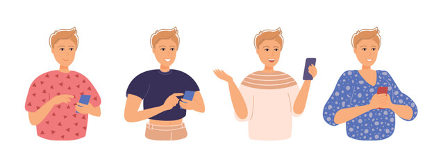 Happy redhead woman set uses smartphone. 4 different emotes, poses and outfits. Chatting and texting on smartphones, using mobile phone, internet, social network. Flat vector illustration isolated