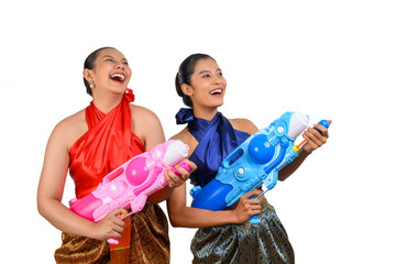 Two beautiful woman in Songkran festival with water gun