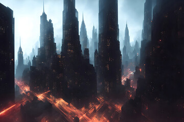 Gotham city comic book urban building. Dark skyscraper skyline with road traffic 3D