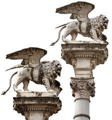 Marble statue of the Winged Lion of Saint Mark isolated on white or transparent background. Symbol...