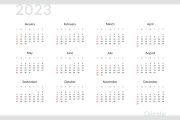 2023 Calendar Template with Place for Company contacts and Logo. Vector layout of a wall or desk simple calendar with week start sunday in minimal business style.
