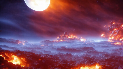 illustration of distant planet surface with a large amount of lava burning in the sky with bright red and orange lights on it and a crescent in the distance