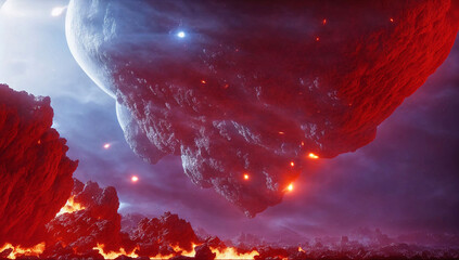 concept illustration of the colliding planet seen from planet surface with a large amount of lava burning in the sky with bright red and orange lights - obrazy, fototapety, plakaty