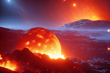 concept illustration of hot orange glowing meteorite crashed on distant planet laying in fresh crater