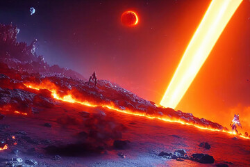 illustration of distant planet surface with a large amount of lava burning after hot orange glowing ray of fire is hitting the planet surface - obrazy, fototapety, plakaty