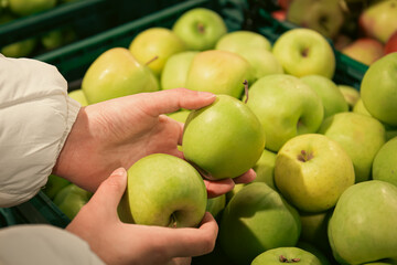A woman chooses apples in a supermarket, organic and natural fruits.