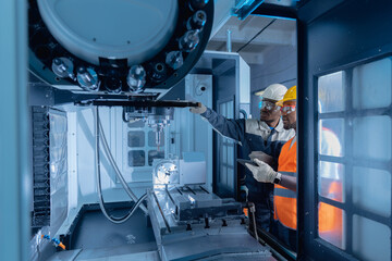 African engineer and professional man worker set up and control CNC machinery on industry factory