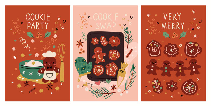 Christmas Seasonal Cards With Gingerbread Cookie. The Process Of Making Holiday Cookies Swap. Xmas Festive Illustration With Cute Gingerbread. Traditional Seasonal Composition