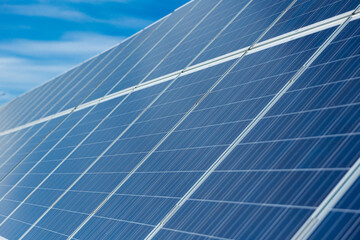 Set of solar panels mounted on roof of building. Renewable energy eco concept