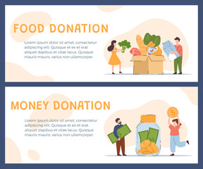 Food and money donation concept, set of banners - flat vector illustration.