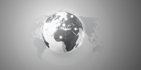 Black and White Cloud Computing and Global Networks Concept with Earth Globe and World Map - Abstract Global Digital Connections, Technology Background, Creative Vector Design Template
