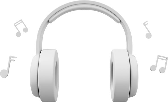 Wireless headphones and flying music notes front view. White PNG icon on a transparent background. 3D rendering.