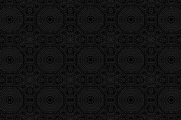 Embossed decorative black background, ethnic cover design. Press paper, boho style, art deco. Tribal geometric 3d pattern, artistic texture of East, Asia, India, Mexico, Aztecs, Peru.