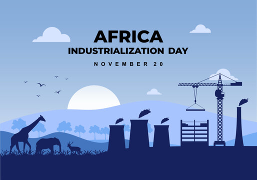 Africa industrialization day background with factory and animals forest on blue color.