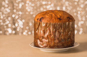 Panettone Italian Christmas cake copy space festive background.