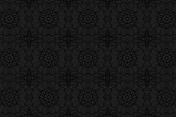 Embossed trendy black background, ethnic cover design. Press paper, boho style, art deco. Tribal geometric 3d pattern, artistic texture of East, Asia, India, Mexico, Aztecs, Peru.