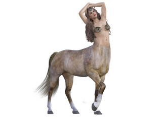 3D Rendering : A portrait of the beautiful female centaur posing her body, isolated with white background, PNG transparent