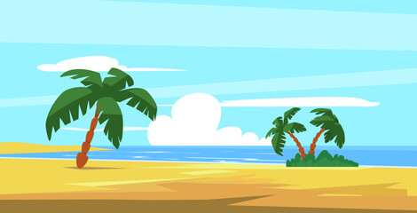 Fototapeta na wymiar Coast landscape with water, palm trees and sand flat style