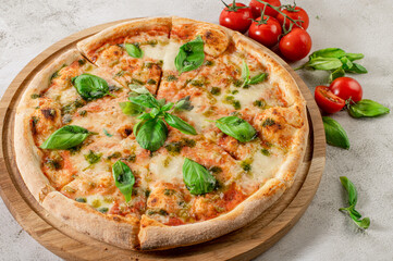 Fresh hot cheese pizza on the concrete background