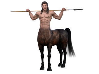 3D Rendering : A portrait of the handsome male centaur posing his body with spear, isolated with white background, PNG transparent
