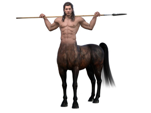 3D Rendering : A portrait of the handsome male centaur posing his body with spear, isolated with white background, PNG transparent
