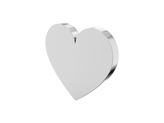 Flat metal heart. Symbol of love. Silver one color. On a plain white background. Right side view. 3d rendering.