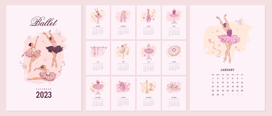 Illustrated 2023 calendar template with hand drawn ballet school elements
