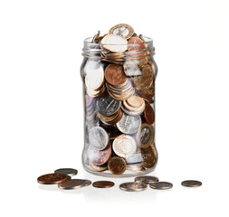 Money Jar with coins on white background - obrazy, fototapety, plakaty
