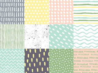 Set of abstract ink brush pen drawing seamless patterns with scribble and splashes